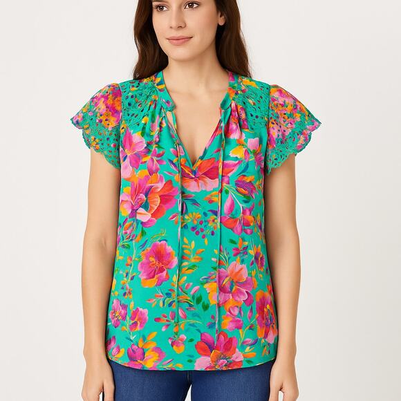 Caballero Green Floral Ruffle Sleeve Viscose Top - Picture 5 of 12